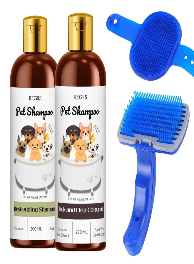 REGIIS Pet Shampoo Set with Grooming Brush, Deshedding and Tick Control Formula, 200ml Each, Blue Silicone Brush(Pack of 4) - Image 1